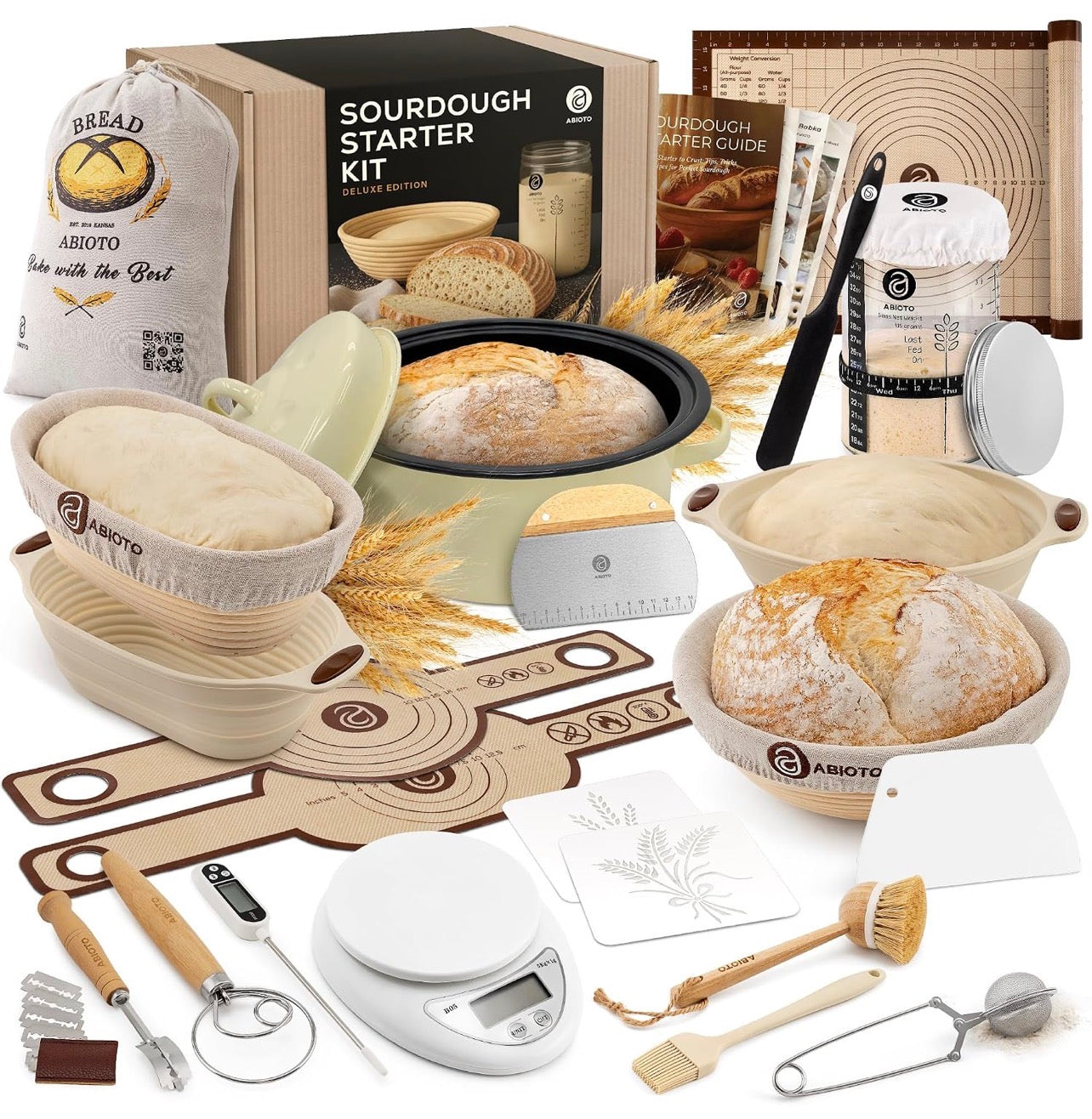 Sourdough Starter Kit with Dutch Oven and Scale - Complete Sourdough Kit with Proofing Baskets, 34oz Jar, Slings, and Other Premium Bread Making Tools - Perfect Baking Gifts for W