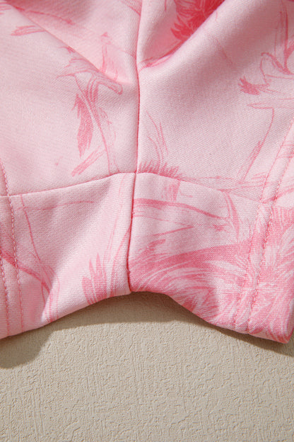 Pink Abstract Print Ribbed Crewneck Long Sleeve Top Elastic Waist Short Set