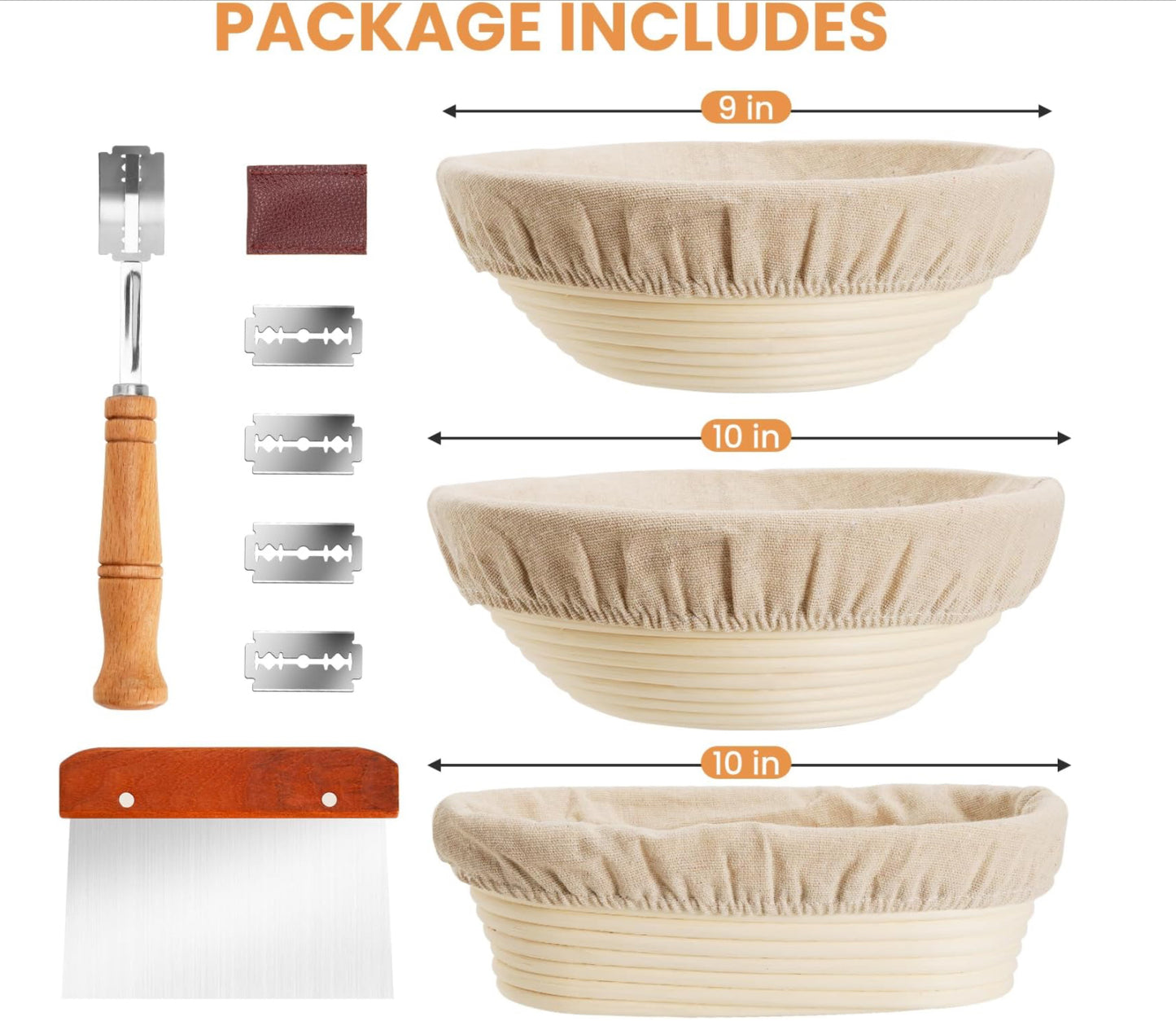 Banneton Bread Proofing Basket Set, 9" & 10" & 10" Round & Oval Banneton Basket for Sourdough Baking, Baking Supplies with Linen Liner, Bread Lame & Dough Scraper, Sourdough Proofing Tools