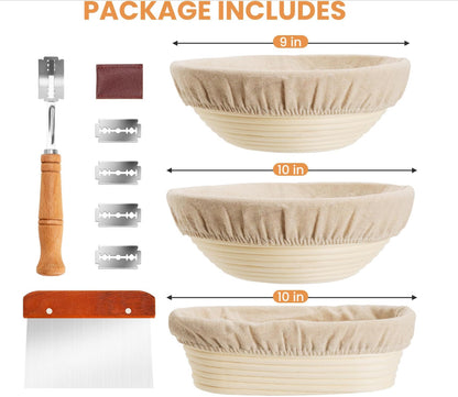 Banneton Bread Proofing Basket Set, 9" & 10" & 10" Round & Oval Banneton Basket for Sourdough Baking, Baking Supplies with Linen Liner, Bread Lame & Dough Scraper, Sourdough Proofing Tools