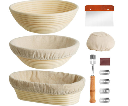Banneton Bread Proofing Basket Set, 9" & 10" & 10" Round & Oval Banneton Basket for Sourdough Baking, Baking Supplies with Linen Liner, Bread Lame & Dough Scraper, Sourdough Proofing Tools