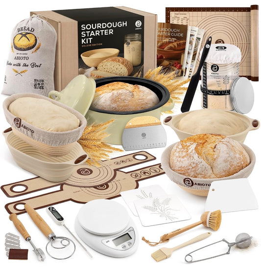 Sourdough Starter Kit with Dutch Oven and Scale - Complete Sourdough Kit with Proofing Baskets, 34oz Jar, Slings, and Other Premium Bread Making Tools - Perfect Baking Gifts for W